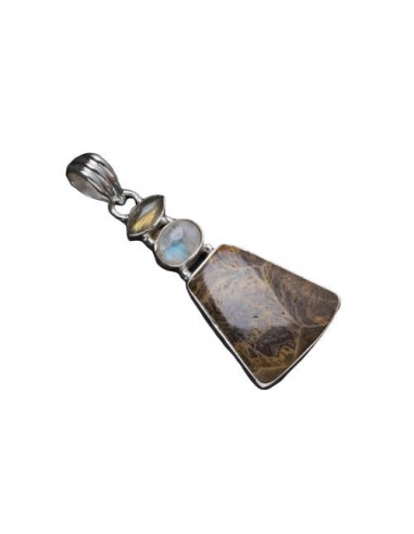 Pendentif Labradorite-Pierre de Lune-Fossile de Corail''Sirène'' le des métaux précieux