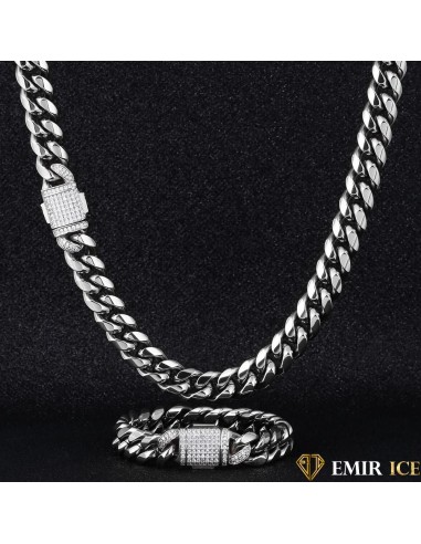 SET DE COLLIER ET BRACELET EMIR CUBAN LINK OR BLANC - 12MM de technologie